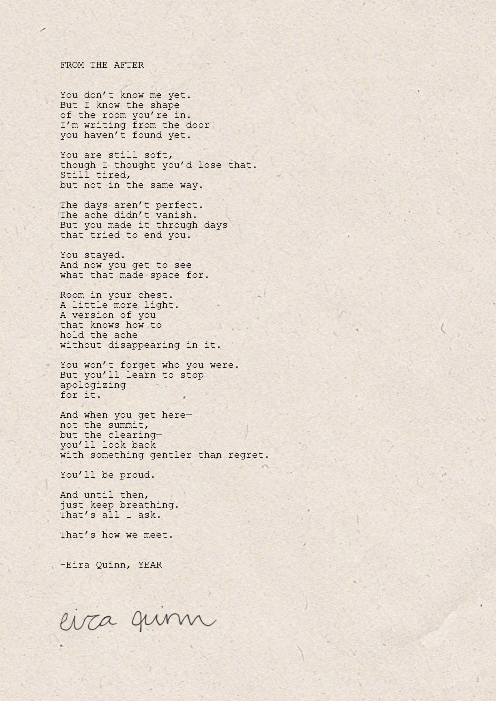 Mockup of "From the After" hand-typed on A4 handmade paper